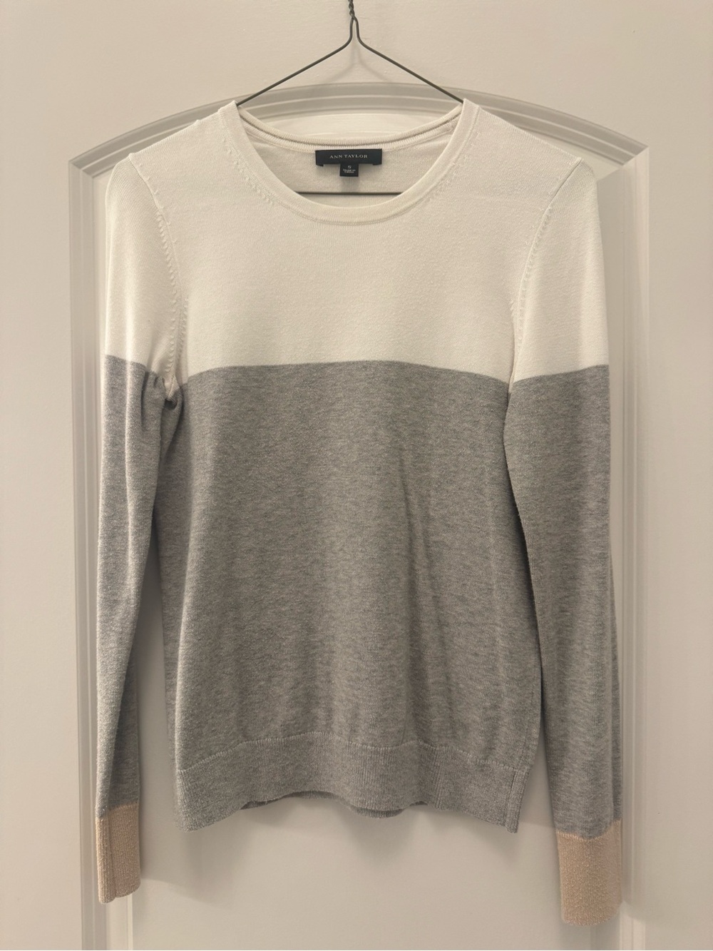 Ann Taylor Colorblock Crewneck Sweater - White, Gray & Beige Cuffs